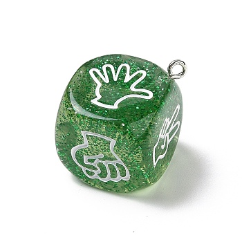 Transparent Resin Finger Guessing Game Dice Rock Pendants, with Glitter Powder and Platinum Tone Iron Loops, Dice Charm with White Gesture Pattern, Green, 31x27x27mm, Hole: 2mm