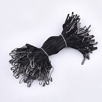 Garments Price Hang Tag, Polyester Ribbon, with Safety Pin & Bar Clasp, Gunmetal, Black, 110x3.5mm, Safety Pin: 22x9.5x1.5mm, Pin: 0.8mm, Bar Clasp: 16x2x1.5mm, about 1000pcs/bag