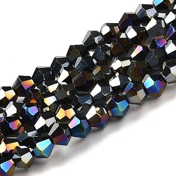 Opaque Solid Color Electroplate Glass Beads Strands, AB Color Plated, Faceted, Bicone, Black, 2.9~3.3x2.5mm, Hole: 0.7mm, about 145~150pcs/strand, 16.34~16.54 inch(41.5~42cm)