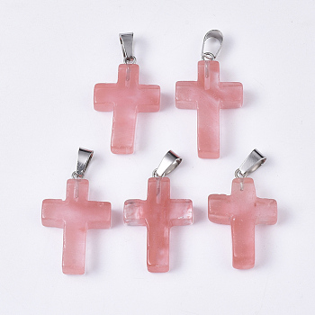 Cherry Quartz Glass Pendants, with Stainless Steel Peg Bails, Cross, Stainless Steel Color, 28~30x18x6mm, Hole: 7x3.5mm