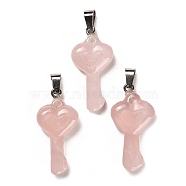 Natural Rose Quartz Pendants, with Platinum Plated Iron Snap on Bails, Heart Shaped Key Charms, 38~39x18~19x7~8mm, Hole: 7.5x3mm(G-M424-01P-01)