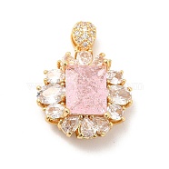 Brass Micro Pave Clear Cubic Zirconia Pendants, with Glass, Flat Round with Rectangle, Real 18K Gold Plated, Pink, 25mm, Hole: 5x1.5mm(KK-I695-020D)