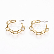 (Jewelry Parties Factory Sale)Semicircular Brass Textured Cable Chain Stud Earrings, Half Hoop Earrings, with 925 Sterling Silver Pin and Plastic Ear Nuts, Long-Lasting Plated, Golden, 28.5x6mm, Pin: 0.7mm(EJEW-E196-05G)