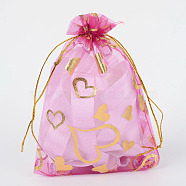 Heart Printed Organza Bags, Gift Bags, Rectangle, Orchid, 9x7cm(OP-R022-7x9-08)