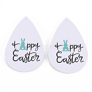 PU Leather Big Teardrop with Bunny Pendants, Easter Theme, White, 55~56.5x35~37x2mm, Hole: 1~2mm(FIND-T058-A36)