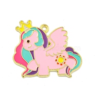 Alloy Enamel Pendants, Golden, Unicorn Charm, Pink, 26x30x1mm, Hole: 1.8mm(ENAM-Z015-01G-03)