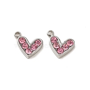 304 Stainless Steel Pendants, with Rhinestone, Heart Charms, Light Rose, 9x10x2mm, Hole: 1.4mm(STAS-L025-005P-03)