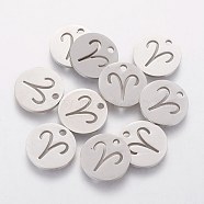 304 Stainless Steel Charms, Flat Round with Constellation/Zodiac Sign, Aries, 12x1mm, Hole: 1.5mm(STAS-Q201-T095-1)