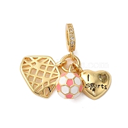 Rack Plating Brass Pink Enamel European Dangle Charms, Football & Heart & Soccer Goal Large Hole Pendants, Cadmium Free & Lead Free, Long-Lasting Plated, Real 18K Gold Plated, 22mm, Hole: 5mm(KK-P279-47G)