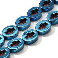 Electroplated Synthetic Non-magnetic Hematite Beads Strands, Oval with Cross, Blue Plated, 10x8x3mm, Hole: 0.9mm, about 40pcs/strand, 15.75''(40cm)(G-L613-Z01-02A)