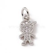 Brass Micro Pave Clear Cubic Zirconia Boy Charms, with Open Jump Rings, Platinum, 12.5x7x1.5mm, Jump Ring: 4.5x0.7mm, Inner Diameter: 3mm (ZIRC-F132-53P)