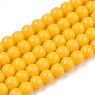 Opaque Solid Color Glass Beads Strands, Round, Gold, 4~4.5mm, Hole: 0.8mm, about 97~99pcs/strand, 14.76 inch~14.96 inch(37.5~38cm)(GLAA-T032-P4mm-08)