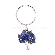 Chip Natural Lapis Lazuli Keychain, with Antique Silver Plated Alloy Pendants and 316 Surgical Stainless Steel Split Key Rings, Tree, 55mm(KEYC-JKC00219-07)
