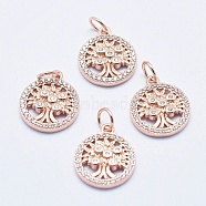 Brass Micro Pave Cubic Zirconia Charms, Long-Lasting Plated, Lead Free & Nickel Free & Cadmium Free, Flat Round with Tree, Real Rose Gold Plated, 14.5x12x2.5mm, Hole: 3mm(RB-I078-68RG-NR)