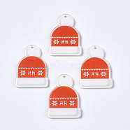 Christmas Themed Transparent Printed Acrylic Pendants, Christmas Hat, Orange Red, 34.5x25.5x2.5mm, Hole: 1.5mm(KY-S163-339)