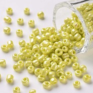 6/0 Glass Seed Beads, Opaque Colors Lustered, Round, Round Hole, Yellow, 6/0, 4mm, Hole: 1.5mm, about 500pcs/50g, 50g/bag, 18bags/2pounds(SEED-US0003-4mm-122)
