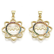 Hollow Brass Micro Pave Colorful Cubic Zirconia Pendants, for Mother's Day, Nickel Free, Flower with Word Mama, Real 16K Gold Plated, 24.5x21.5x3.5mm, Hole: 5x3.5mm(ZIRC-S067-077-NF)