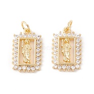 Rack Plating Brass Micro Pave Cubic Zirconia Pendants, with Jump Rings, Long-Lasting Plated, Cadmium Free & Lead Free, Rectangle & Saint, Clear, Real 18K Gold Plated, 17x11x3mm, Hole: 3.2mm(ZIRC-I057-03G)