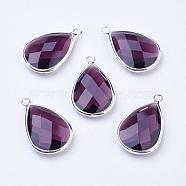 Silver Color Plated Brass Glass Teardrop Pendants, Faceted, Purple, 18x10x5mm, Hole: 2mm(GLAA-M006-A-06S)