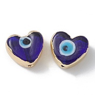 Brass Beads, with Enamel, Real 18K Gold Plated, Heart with Evil Eye, Blue, 14.5x16x7mm, Hole: 1.6mm(KK-A176-06G-07)