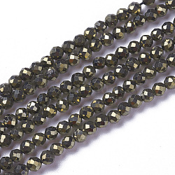 Natural Pyrite Beads Strands, Faceted, Round, 3~3.5x2.5~3mm, Hole: 0.3mm, about 114~141pcs/strand, 15.1~16.4 inch(38.4~41.8cm)(G-F596-38-3mm)