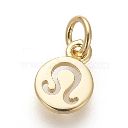 Brass Charms, Lead Free & Cadmium Free, Flat Round with Constellations, Golden, Leo, 9.5x7x1mm, Hole: 3mm(ZIRC-E152-39G-G-RS)