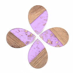 Transparent Resin & Walnut Wood Pendants, with Gold Foil, Teardrop, Lilac, 35.5x24.5x3mm, Hole: 2mm(X-RESI-S389-037A-B01)