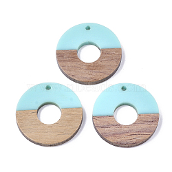 Resin & Walnut Wood Pendants, Donut/Pi Disc, Sky Blue, Donut Width: 13.3mm, 28x4mm, Hole: 1.5mm(RESI-S358-03C)