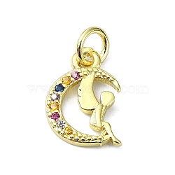 Brass Micro Pave Cubic Zirconia Pendants, with Jump Ring, Moon with Angel Charm, Real 18K Gold Plated, 12.5x8.5x1.5mm, Hole: 3mm(KK-H475-15G-01)