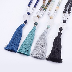 Natural Howlite and Gemstone Beaded Necklaces, with Big Tassel Pendants, Burlap Bags, 30.3 inch(77cm) (NJEW-JN02116)