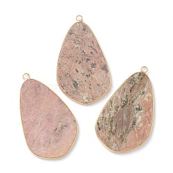 Natural Rhodochrosite Pendants, with Golden Brass Edge, Teardrop, 45x26.5x2mm, Hole: 2mm(G-B009-08G-D)