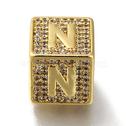 Brass Cubic Zirconia Beads, Letter N, Square, Letter N, 9.5x9.5x9.5mm, Hole: 6mm(KK-Q818-01N-G)