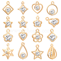 160Pcs 16 Styles Rack Plating Eco-Friendly Iron Pendants, with Crystal Rhinestone, Ring & Star & Heart & Rhombus & Flower & Ring, Light Gold, 13~20.5x9.5~147.5x5~7mm, Hole: 1~1.6mm, 10Pcs/style(IFIN-GA0001-61)