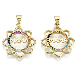 Hollow Brass Micro Pave Colorful Cubic Zirconia Pendants, for Mother's Day, Nickel Free, Flower with Word Mama, Real 16K Gold Plated, 24.5x21.5x3.5mm, Hole: 5x3.5mm(ZIRC-S067-077-NF)