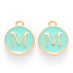 Golden Plated Alloy Enamel Charms, Cadmium Free & Lead Free, Enamelled Sequins, Flat Round with Letter, Turquoise, Letter.M, 14x12x2mm, Hole: 1.5mm(ENAM-S118-05M)