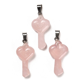 Natural Rose Quartz Pendants, with Platinum Plated Iron Snap on Bails, Heart Shaped Key Charms, 38~39x18~19x7~8mm, Hole: 7.5x3mm