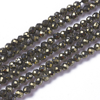 Natural Pyrite Beads Strands, Faceted, Round, 3~3.5x2.5~3mm, Hole: 0.3mm, about 114~141pcs/strand, 15.1~16.4 inch(38.4~41.8cm)
