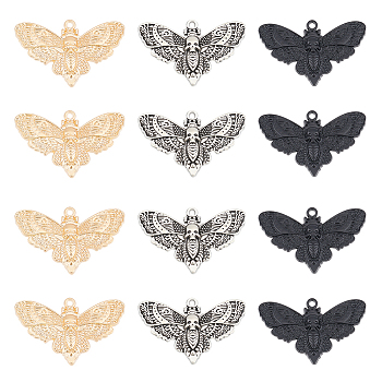 30Pcs 3 Colors Alloy Pendants, Moth with Skull, Mixed Color, 27x42.5x3mm, Hole: 2mm, 10pcs/color