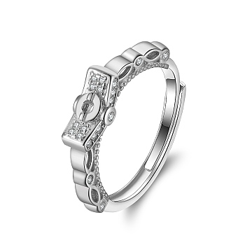 925 Sterling Silver Cubic Zirconia Adjustable Finger Ring Components,  Clear, Real Platinum Plated, Inner Diameter: 17.8mm
