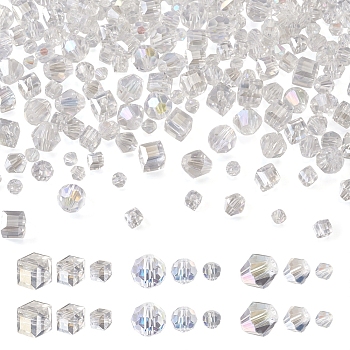 300Pcs 9 Style Electroplate Glass Beads Strands, AB Color, Faceted, Round & Cube & Bicon, Clear AB, 4~8x4~8x4~8mm, Hole: 0.8~1.5mm