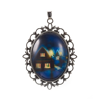 Alloy Glass Big Pendants, Oval with House Pattern, Antique Silver, 59.5x45.5x9.5mm, Hole: 5.5x5mm