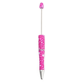 Valentine's Day Theme Heart Pattern Plastic with Iron Ball-Point Pen, Beadable Pen, for DIY Personalized Pen with Jewelry Beads, Deep Pink, 147x11.5mm