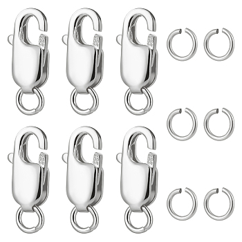 6Pcs 925 Sterling Silver Lobster Claw Clasps, with 925 Stamp, with 6Pcs Open Jump Rings, Platinum, 10.5mm, Hole: 1mm