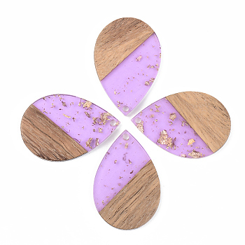 Transparent Resin & Walnut Wood Pendants, with Gold Foil, Teardrop, Lilac, 35.5x24.5x3mm, Hole: 2mm