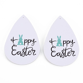 PU Leather Big Teardrop with Bunny Pendants, Easter Theme, White, 55~56.5x35~37x2mm, Hole: 1~2mm