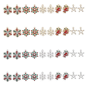 40Pcs 10 Style Alloy Rhinestone Pendants, Christmas Bell & Snowflake & Star, Platinum & Golden, 19~24.5x16~19.5x2~5.5mm, Hole: 1.6~2mm, 4Pcs/style
