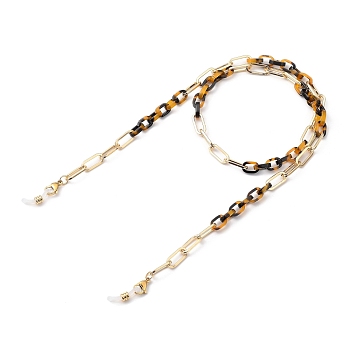 Eyeglasses Chains, Neck Strap for Eyeglasses, with Cellulose Acetate(Resin) & Iron Paperclip Chains, 304 Stainless Steel Lobster Claw Clasps and Rubber Loop Ends, Light Gold, Goldenrod, 27.36~27.76 inch(69.5~70.5cm)