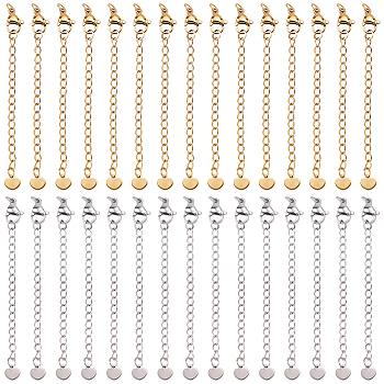 30Pcs 2 Colors 304 Stainless Steel Chain Extender, Cadmium Free & Nickel Free & Lead Free, with Clasps and Tiny Heart Charm, Golden & Stainless Steel Color, 70mm, Hole: 2.5mm, 15Pcs/color