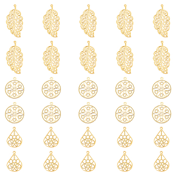 Unicraftale 30Pcs 3 Style 304 Stainless Steel Pendants, Filigree Finding, Textured, Flat Round & Leaf & Teardrop, Golden, 20~33.5x15~19x0.5~1.2mm, Hole: 1~2mm, 10pcs/style