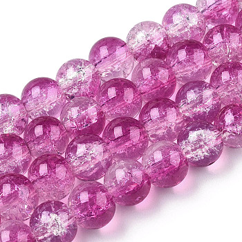 Transparent Crackle Baking Painted Glass Beads Strands, Imitation Opalite, Round, Medium Orchid, 10x9.5mm, Hole: 1.4mm, about 80pcs/strand, 30.87 inch(78.4cm)